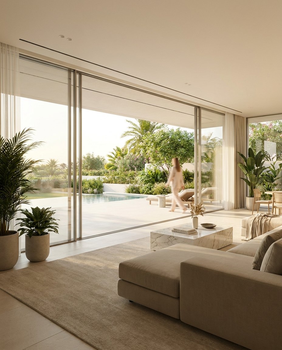 Slim-frame sliding doors, living room